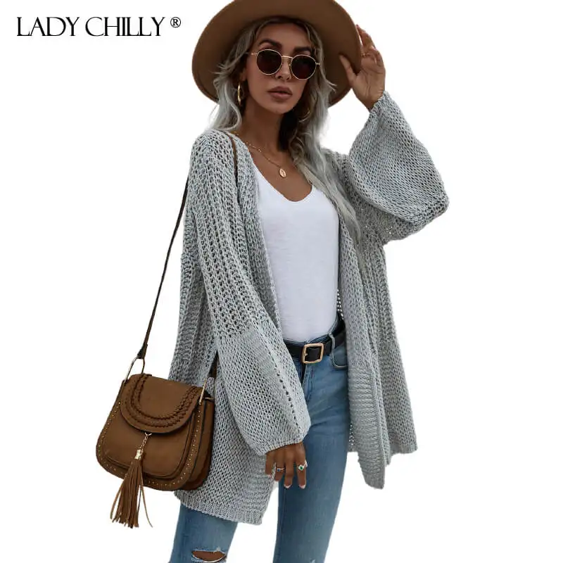 

Женский вязаный кардиган с рукавами-воздушными шариками, Повседневный свитер большого размера на осень и зиму, верхняя одежда с открытым ст...