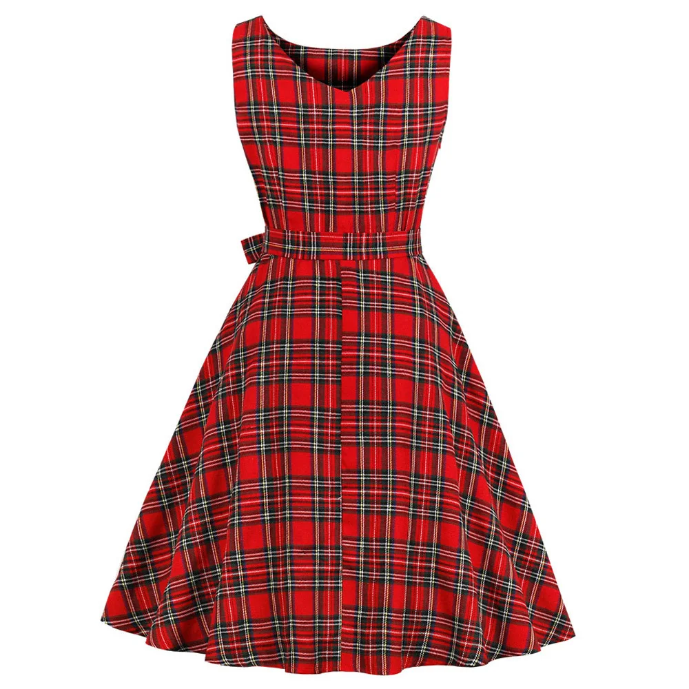 Женское винтажное платье с круглым вырезом и принтом в клетку вечернее поясом