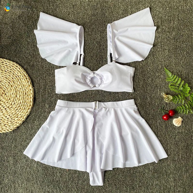 Para Praia, бандо, пуш-ап, комплект бикини, женский купальник с оборками, сексуальный купальник с открытыми плечами, высокая талия, Женский сексуальный купальник