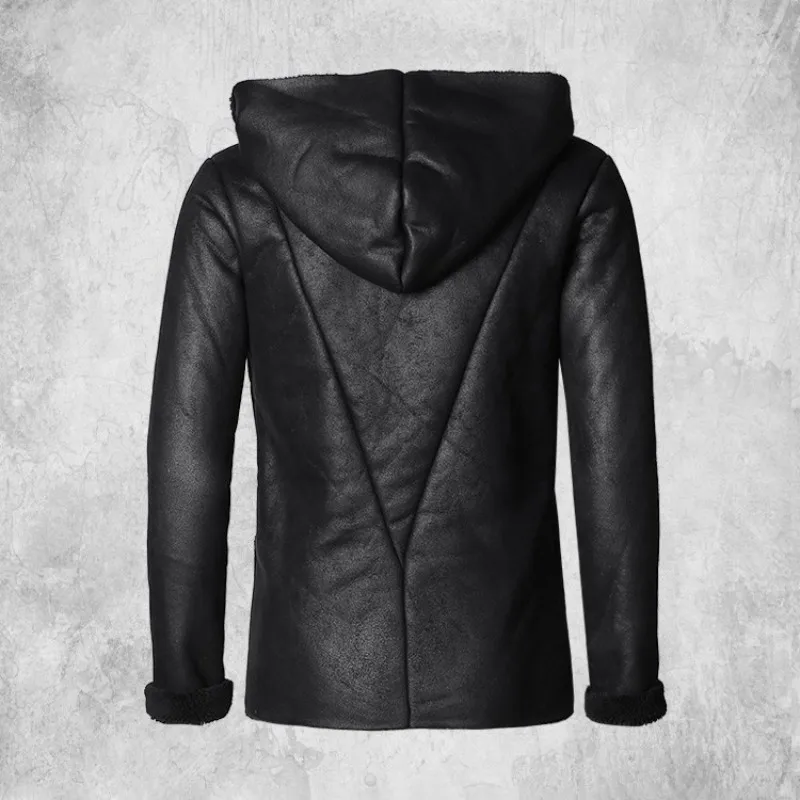 

High Quality Vintage Medium Long Coat Men High Street Winter Zipper Hooded Faux Leather Jacket Long Sleeve Warm Outerwear M-XL