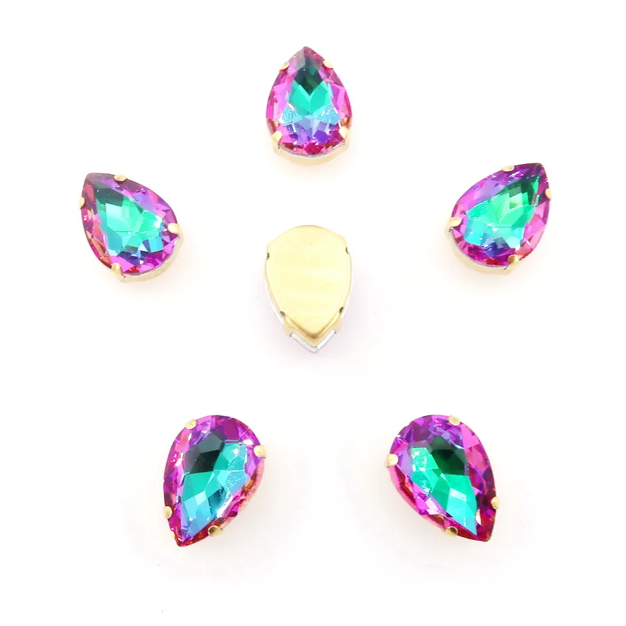 A31 Emerald rainbow Красочные стеклянные хрустальные золотые коготки 7 размеров цвета микс каплевидные капли воды капли пришивные стразы для одежды diy отделка - Цвет: A31 Emerald rainbow