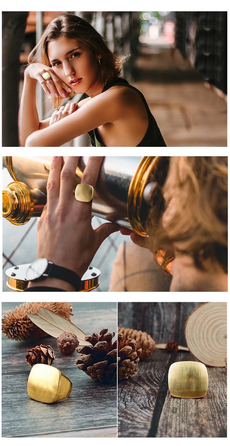 Nandudu Punk Style Copper Brushed Brass Rings Fashion Jewelry Square Shape Yellow& White Gold Color Men Women Unisex Ring Gift