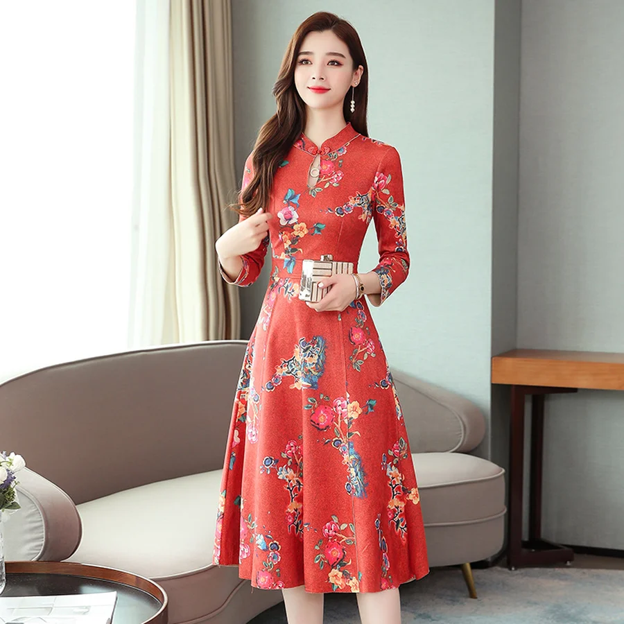 Винтажное синее платье средней длины в китайском стиле осенне-зимнее размера