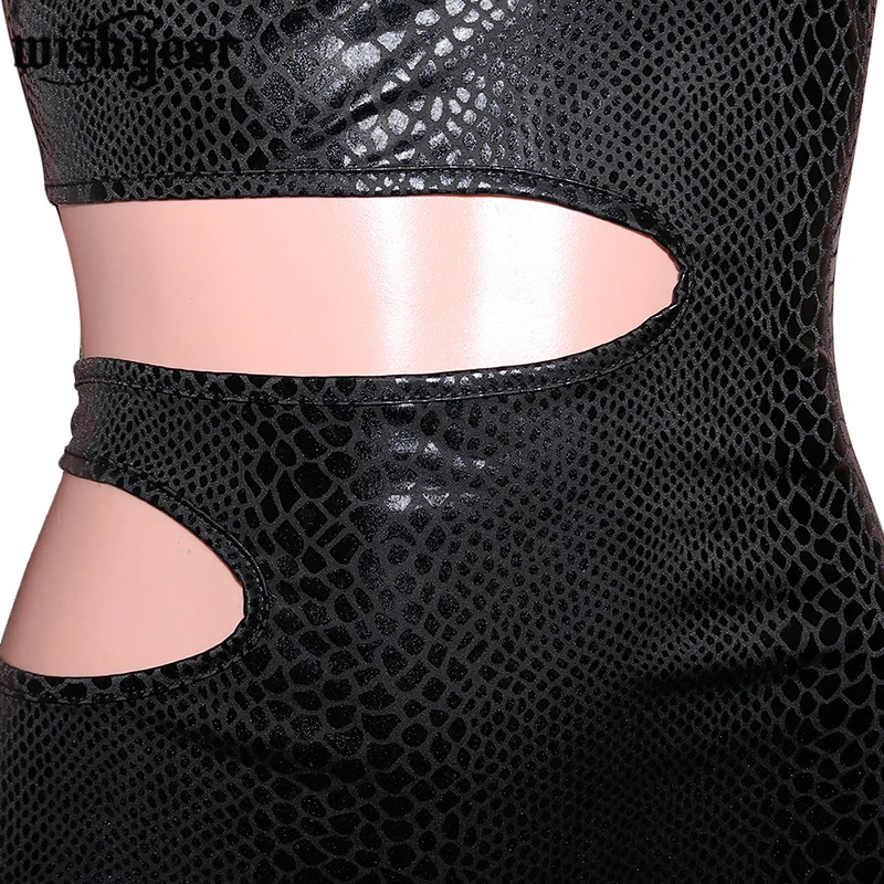 

Black Shiner Pu Leather Bodycon Dress Woman One Shoulder Cut Out Bandage Back Split Dresses Night Club Party Outfits