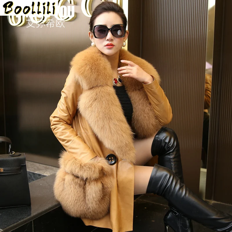 

100% Real Boollili Sheepskin Coat Female Natural Fox Fur Collar Down Jackets 2023 Winter Jacket Women Genuine Leather Jacket