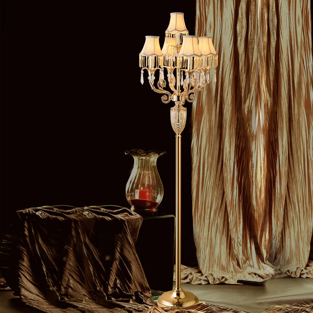 Modern luxury led crystal Floor Lighting Gold Led candle holder floor lamp Cloth shade 5 pcs E14 wedding Crystal candlestick|Напольные