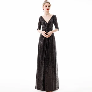 Evening Dresses V-Neck Three Quarter Sleeves Elegant A-line Floor-length Sequins Plus size Customized Formal Party Dress A190