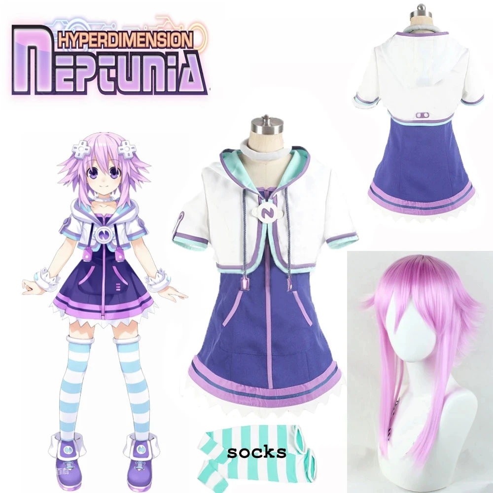 

Hyperdimension Neptunia Neptune Cosplay Costume Halloween Uniform Outfit Coat+Skirt+Nekc+Socks+hair For Women Girls Halloween
