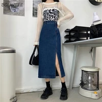 skirts women chic high waist vintage harajuku side slit design womens streetwear all match ulzzang solid denim femme clothing