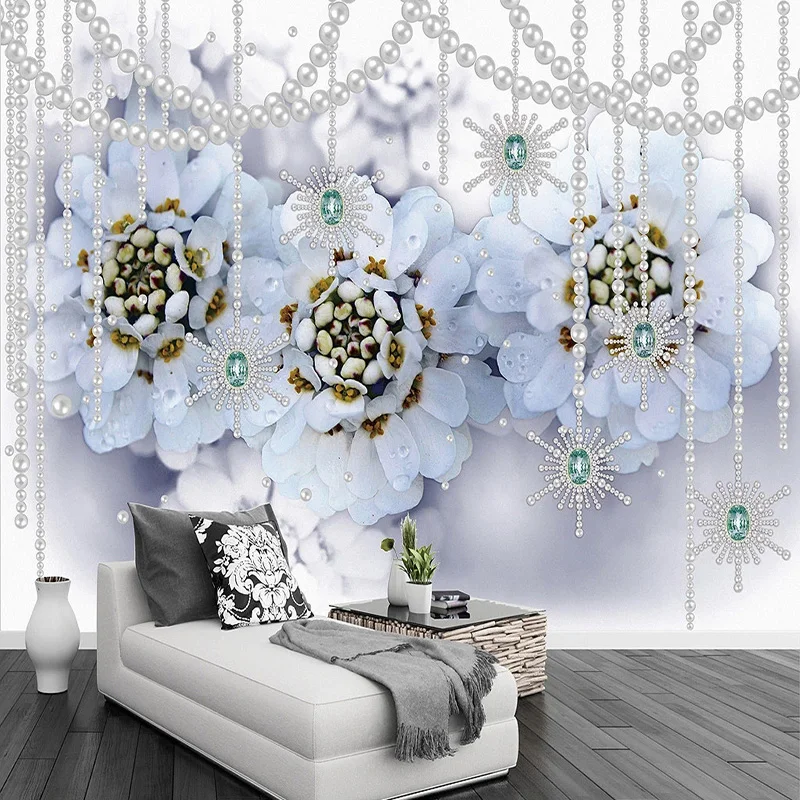Фотообои Современные Простые синие цветы жемчуг 3D стерео ювелирные изделия фоны