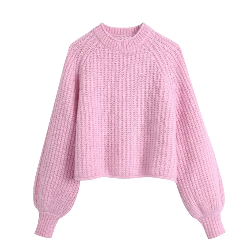 

Hot Sale Women Pink Knitted Sweater Female Lantern Sleeve Pullover Casual Lady Loose Tops SW1282
