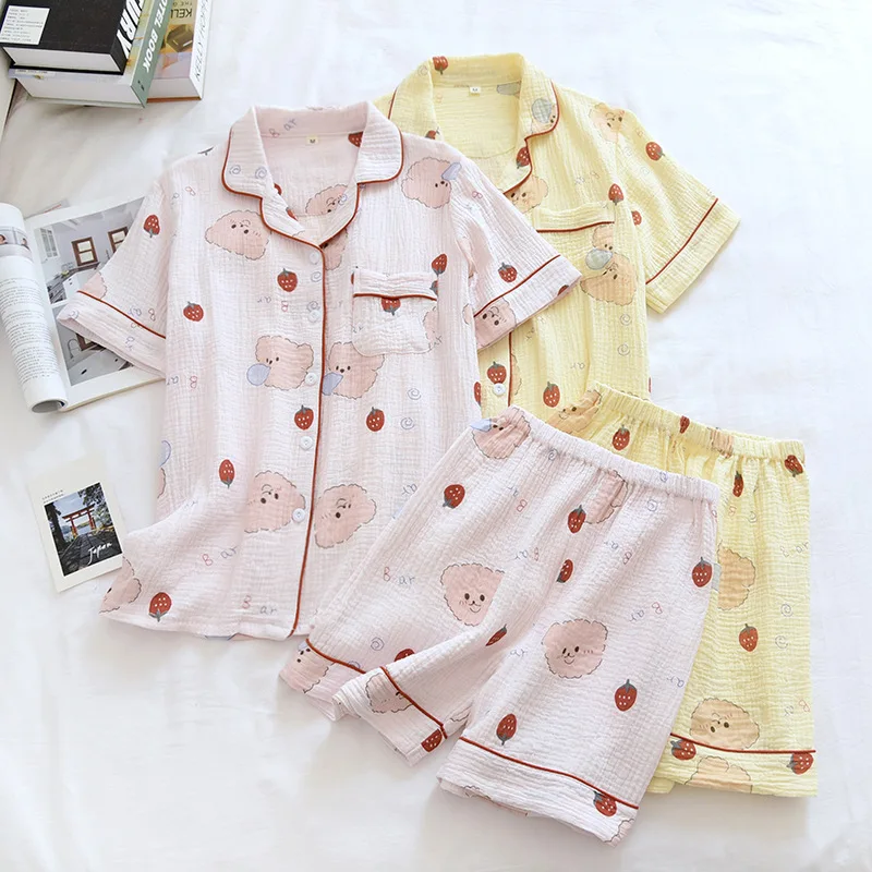 

Women's Short Sleeve Button Pajamas Set Summer Gauze Cotton Sleepwear Shorts Shirt Set Loose Cartoon Printed Homewear Lounge Set