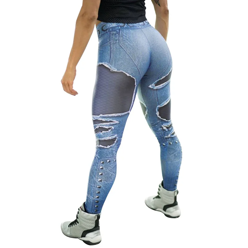 

2020 Women Pocket Hole Imitation Denim Hip Athletic Pants Digital Printing Leggings Women Leggins Mujer Plus Size Women Clothing