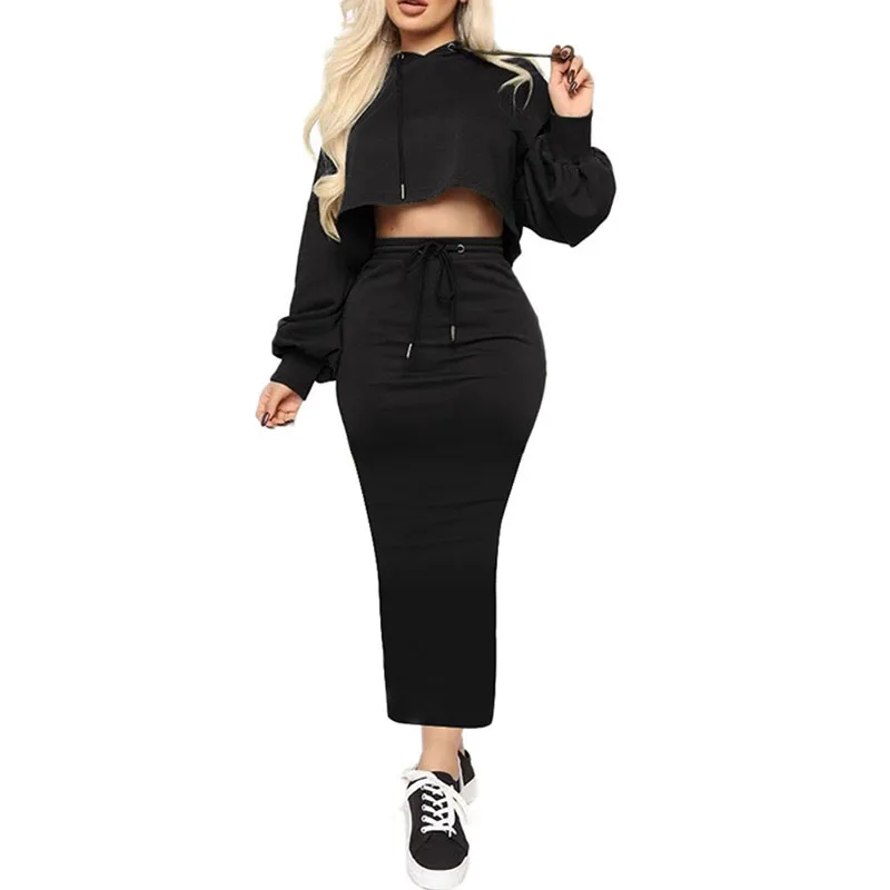 

Casual Two Piece Set Hoodie Solid Color Short Sweatshirt And Long Skirt Loose 2 Piece Set Women Fashion Sport Female Tracksuits
