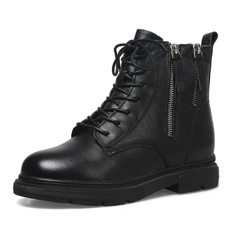 

2020 Winter Black Top Cowhide Leather Boots Casual Thick Heel Martin Boots Comfortable Warm Cotton Boots Wool Shoes Woman Boots