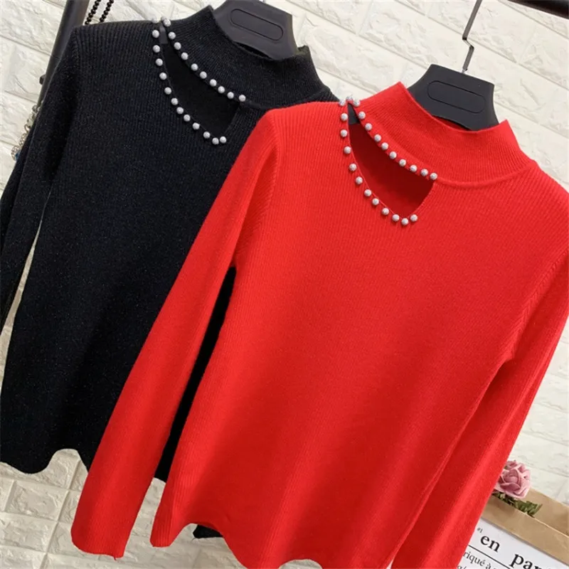 Women autumn winter knitted sweaters hollow mesh long sleeve elasticity beaded casual bottoming pullovers 3140 | Женская одежда