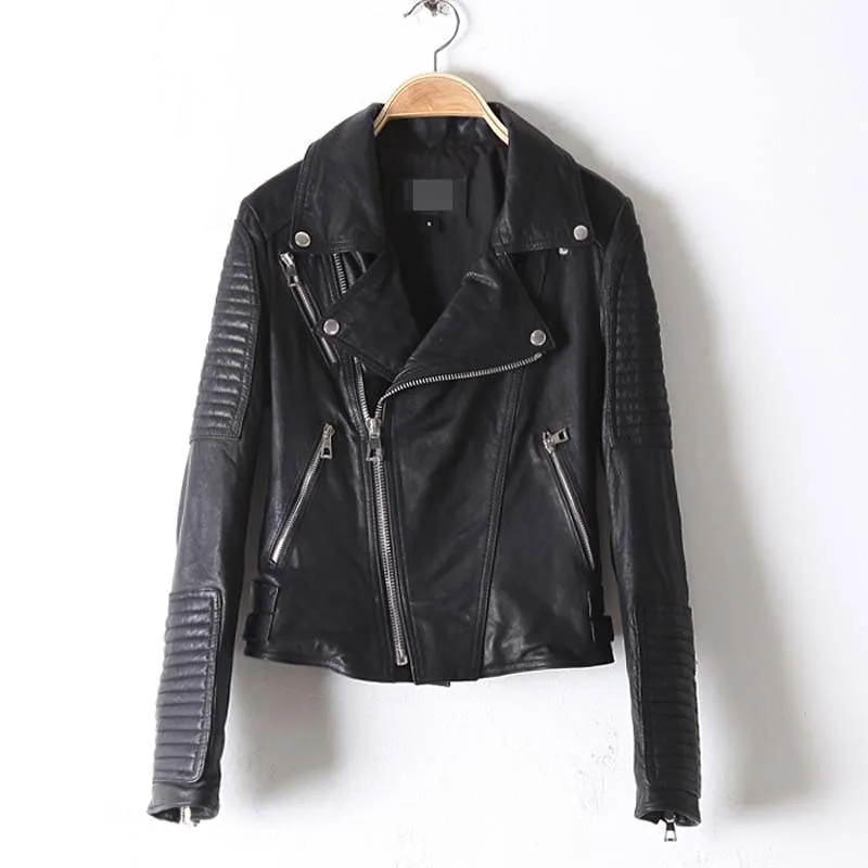 Chinese spring autumn fashion women's genuine leather motocycle jackets turn-down collar ladies sheepskin coat black red 2xl 3xl