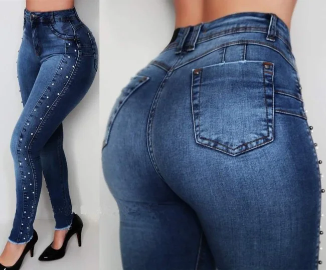 

Women Beading Push Up Jeans Woman Pencil Denim Pants Ladies High Waisted Jeans Trousers Skinny Vaqueros Mujer Vaqueros De Mujer