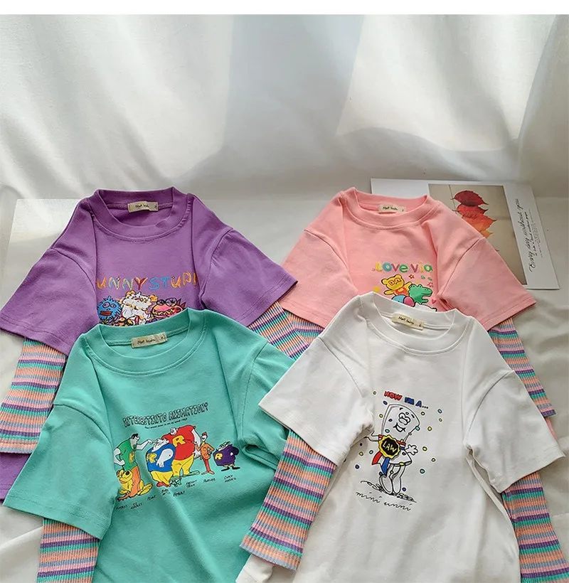 

Autumn and winter 2020 boys and girls printed medium length fake two pieces of sweater