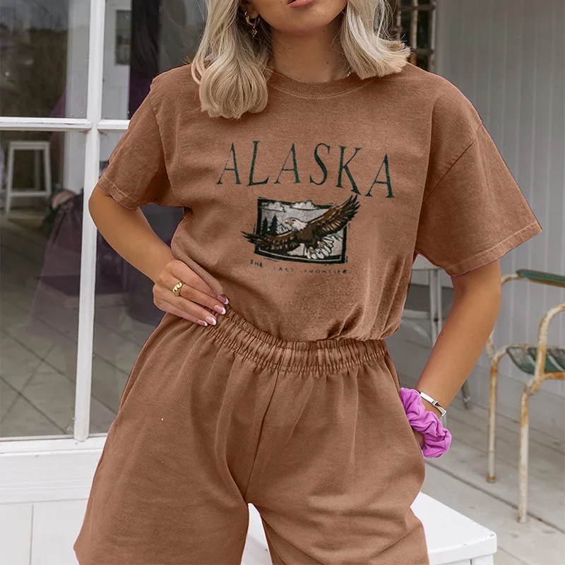

Brown Eagle Letter Print Two-piece Suit Female Fashion Casual Short Sleeve Top and Shorts Summer 2021 New Branded Streetwear