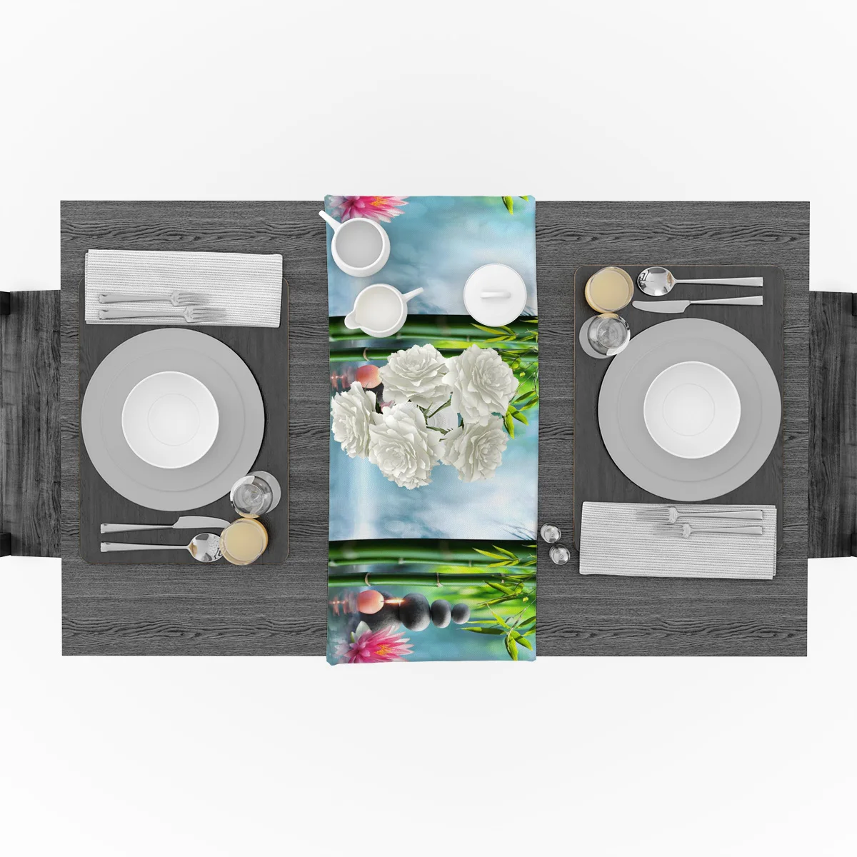 Лотос бамбуковые камни свеча спа Зен синий настольный бегун флаг Домашняя