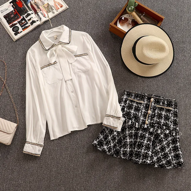 The new autumn dress of 2019 net red Western-style shirt tweed skirt and two-piece suit for Female Spring | Женская одежда