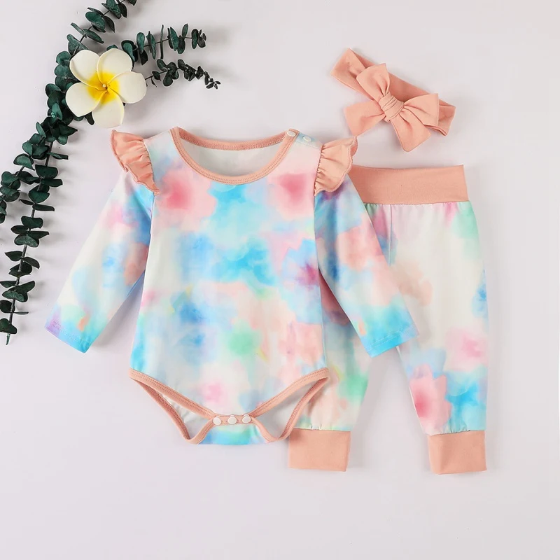 

CX-Autumn Baby Clothes Outfit 3Pcs Infant Digital Tie-dye Print Long-sleeved Romper + Trousers + Headband