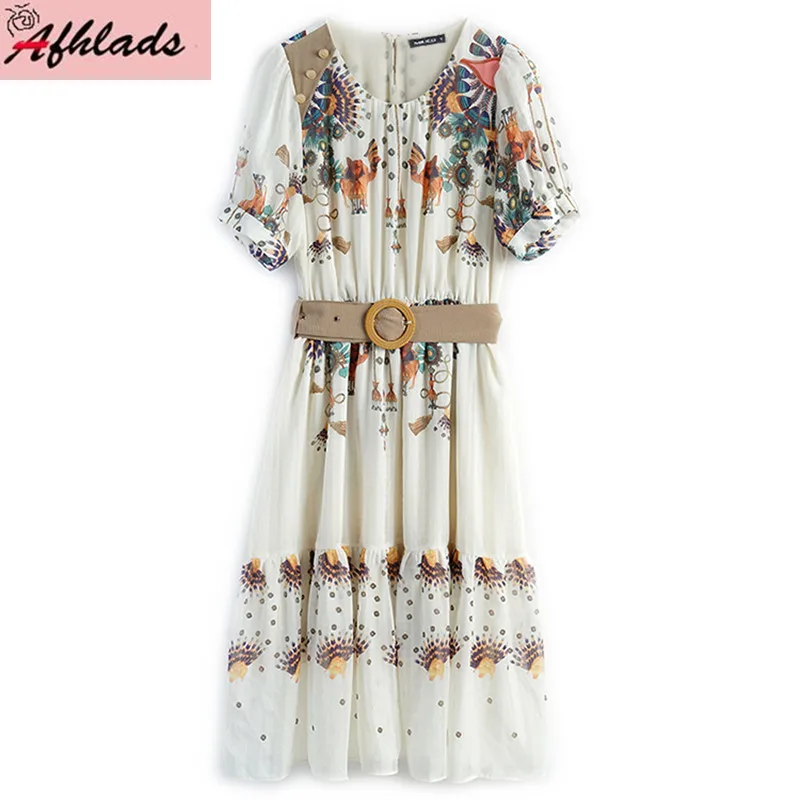 

Женское платье с ремнем, элегантное винтажное платье до середины икры, с принтом и коротким рукавом, для отдыха, лето 2020