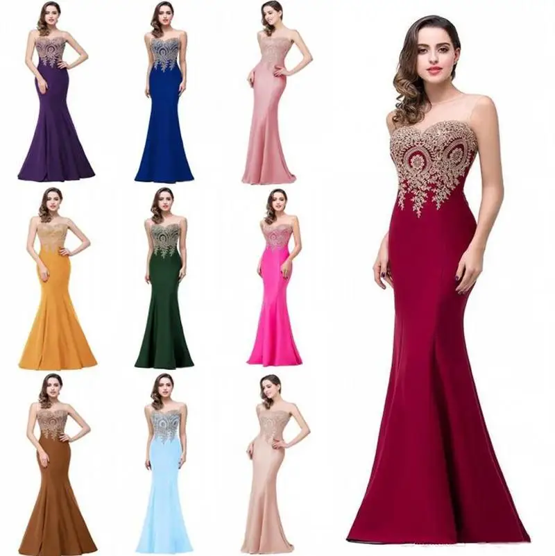 

Sexy Mermaid Evening Dress O-Neck Appliques Sleeveless Vestido De Festa Floor-length Backless Evening Gowns Party Prom Dress