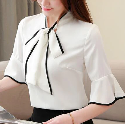 

Chiffon shirt women's summer drape texture short sleeve shirt loose thin V-neck Ruffle temperament white top sexy blouse