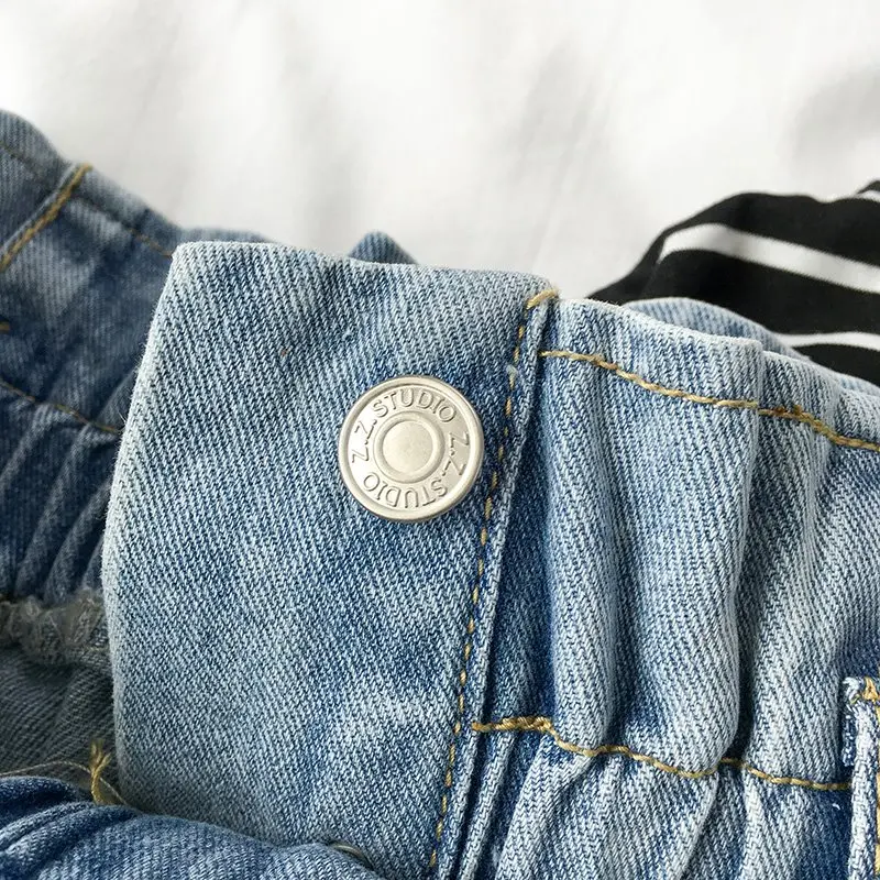 Korean Fashion Blue Jeans Woman Vintage Washed High Waist Female Casual loose Elastic Pockets Denim Pants | Женская одежда
