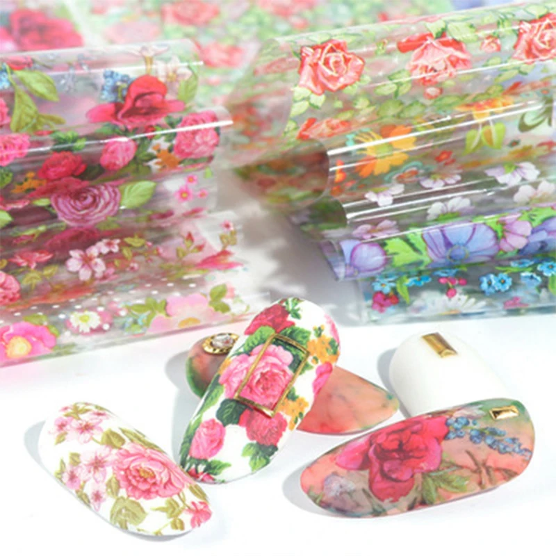 

10 Pcs Rose Flowers Nail Foils Tropical Leaves Colorful Nail Decals Transfer Decorations Sets for Manicuring DIY Sticker Slide