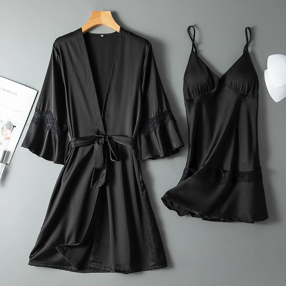 

Women Sleepwear Satin Faux Silk Robe Set Two Piece Suit Sexy Bridal Wedding Gift Kimono Gown Lace Patchwork Nightwear Pajamas