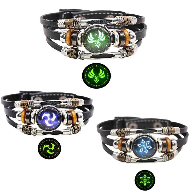 Аниме genshin ударный браслет для женщин и мужчин панк кожаный светящийся глаз Бога