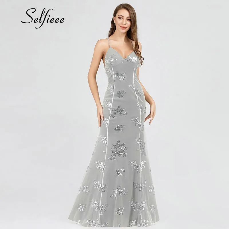 Элегантные женские макси платья с длинным глубоким v-образным вырезом русалка