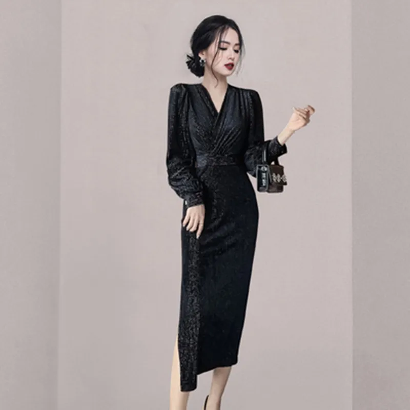 

Женское винтажное платье с V-образным вырезом, длинным рукавом и высокой талией