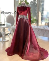 burgundy turkey muslim evening dress long sleeves beaded party dress a line formal gown