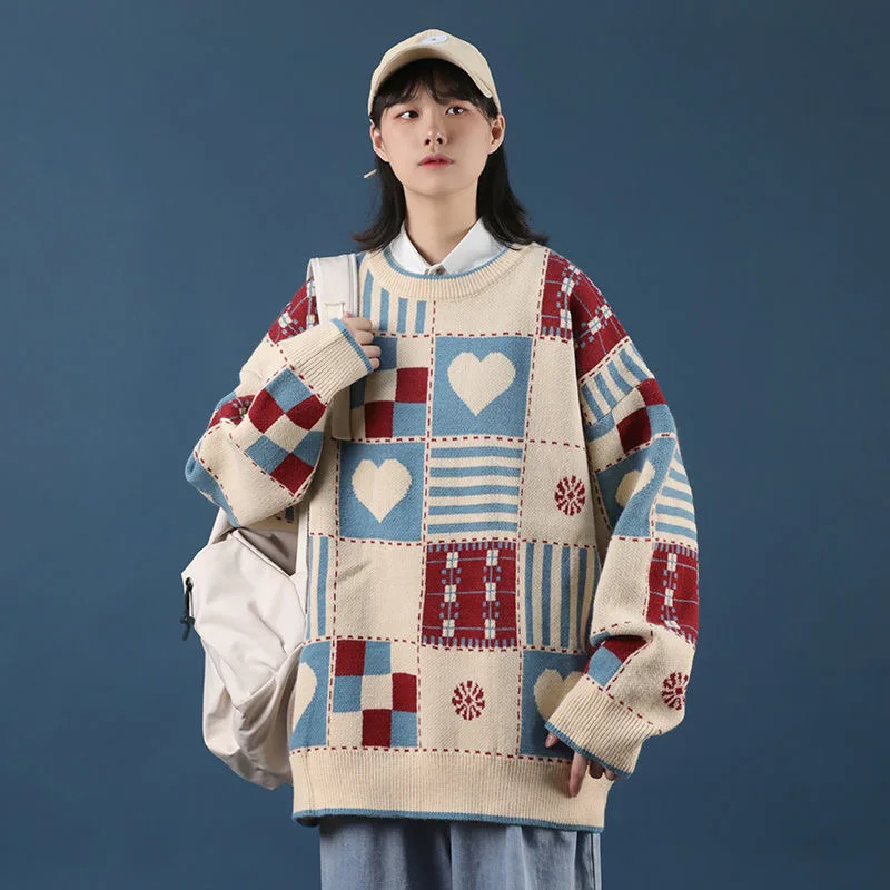 

Men Women 3XL Pullover Patchwork Vintage Panelled Thicken Woman Knitted Sweaters Female Loose All-match Warm Comfortable Korean