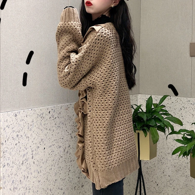 RealShe Ruffles Knitted Sweater Cardigan V-neck Long Sleeve Buttons Solid Female Spring Casual Elegant Women |