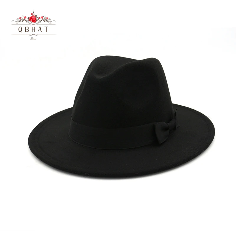 Однотонная черная шерстяная фетровая шляпа QBHAT украшенная искусственными