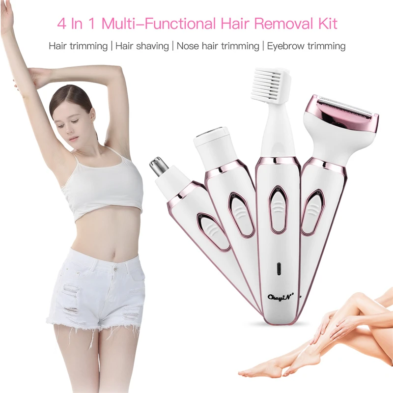 

CkeyiN 4 in 1 Lady Hair Remover Eyebrow Trimmer Shaving Machine Portable Face Epilator Bikini Leg Arm with Washable Head Makeup