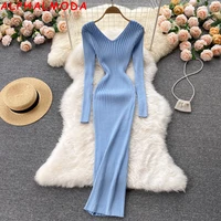 alphalmoda 2021 winter vintage solid knitted dress autumn v neck wrap slim dress sexy ripped bottomed sweater dress