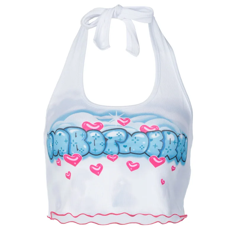 

Spring, summer, the new women's black fungus edge belt tie neck letters printing small vest