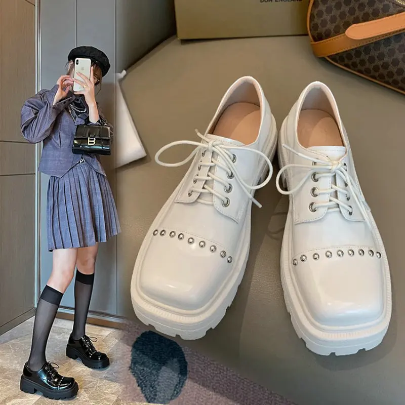 

ZawsThia Chic Genuine Natural Leather Square Toe Chunky Platform Flats Shoes Women Oxfords With Studded Rivets Adult Woman Shoes