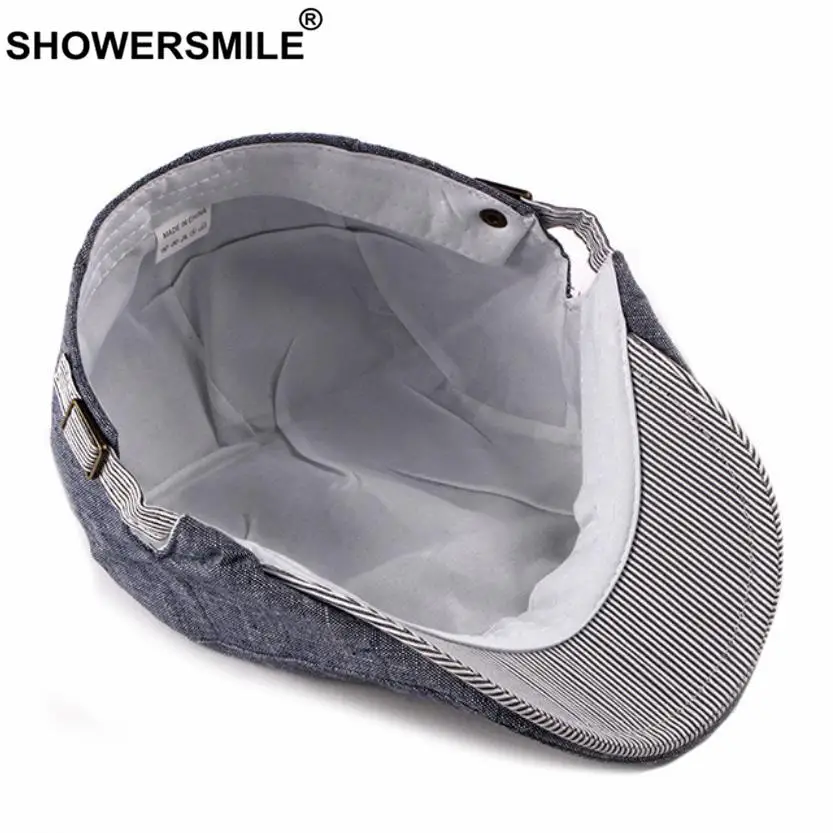 SHOWERSMILE Navy Cotton Linen Flat Cap for Men Summer Beret Man British Style Vintage Casual Baret Adjustable 55-60cm