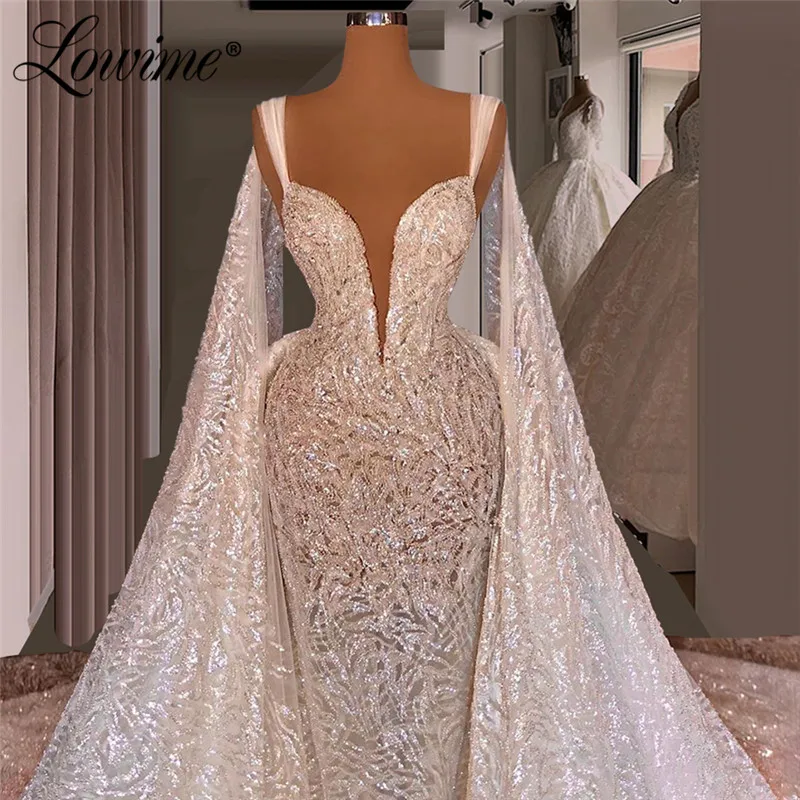 

Lowime Ivory Luxury Shiny Sequin Mermaid Evening Gown 2021 Cape Sleeves Elegant Women Formal Party Dress Long Celebrity Dresses