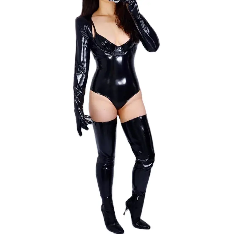 Faux Leather Leggings Boots Feet Pants Open Toe Simulation Leather PU Leather Black High Stretch 85cm VG19
