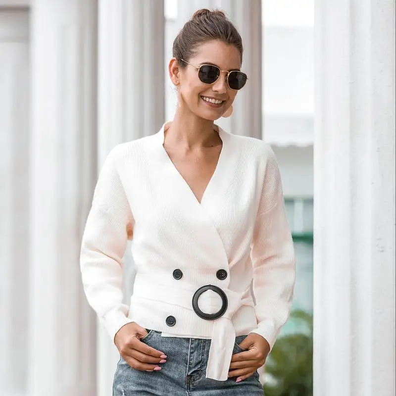 Свитера женские пуловеры с модной ременной v-образным вырезом свитер ремешком и