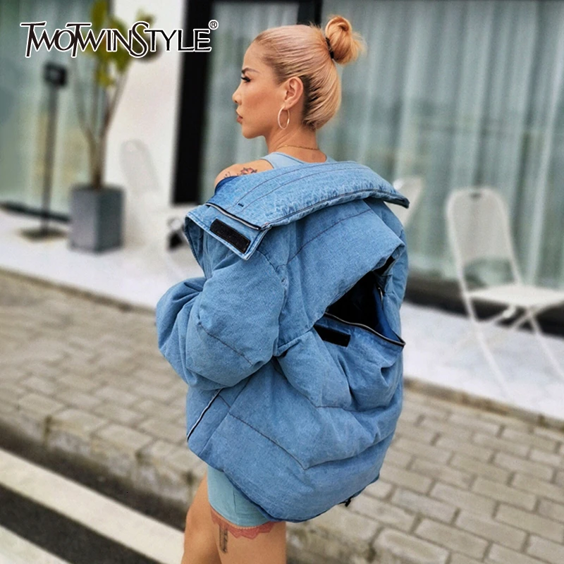TWOTWINSTYLE повседневное синее открытое хлопковое пальто для женщин воротник с лацканами длинный рукав теплые толстые осенние парки Женская мода