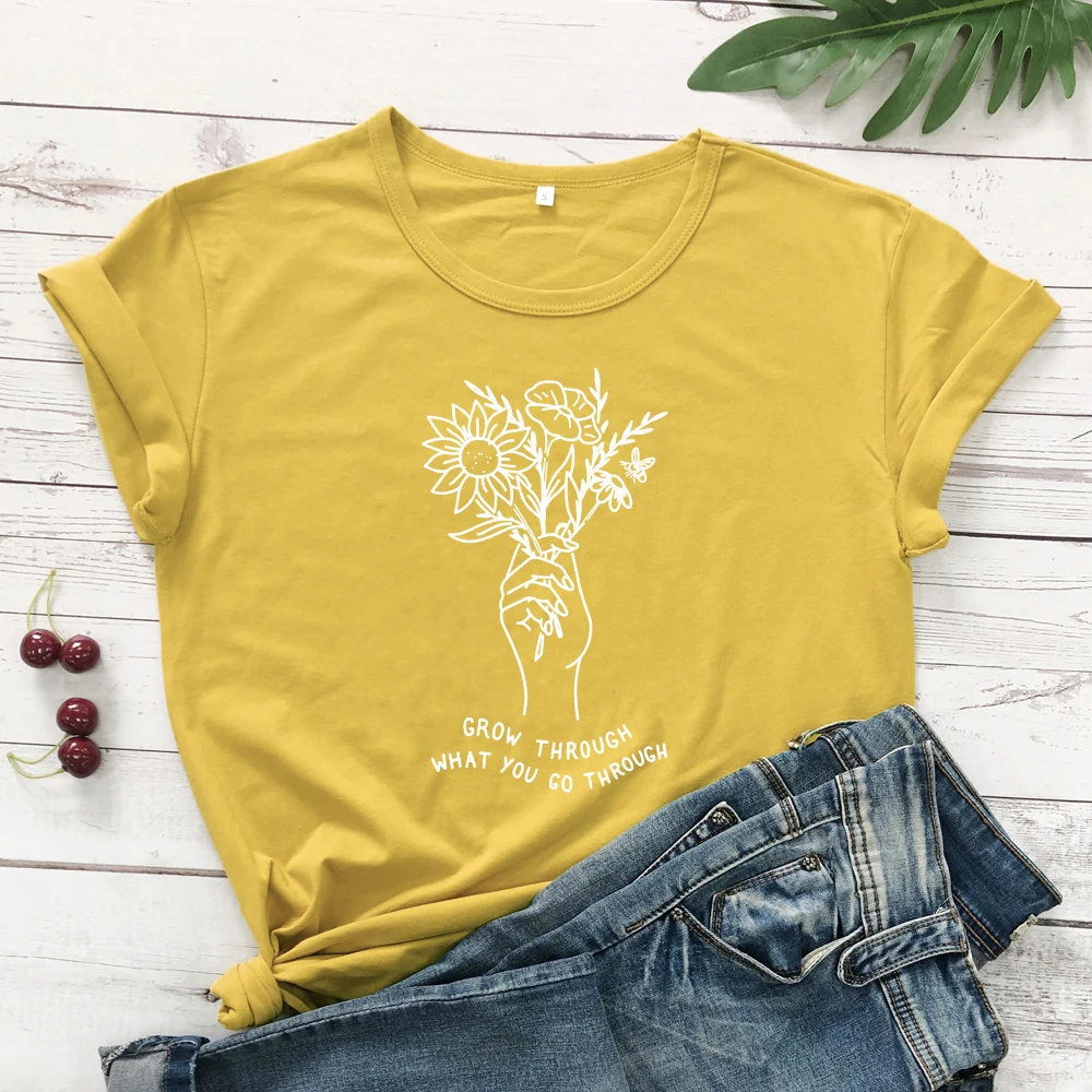 mustard-white text Летние расти через то, что вы проходите футболки Винтаж Цветочный принт футболка Топ Для женщин Crewbeck крафический Tumblr из хлопчатобумажной ткани, раздел-футболки - Цвет: mustard-white text